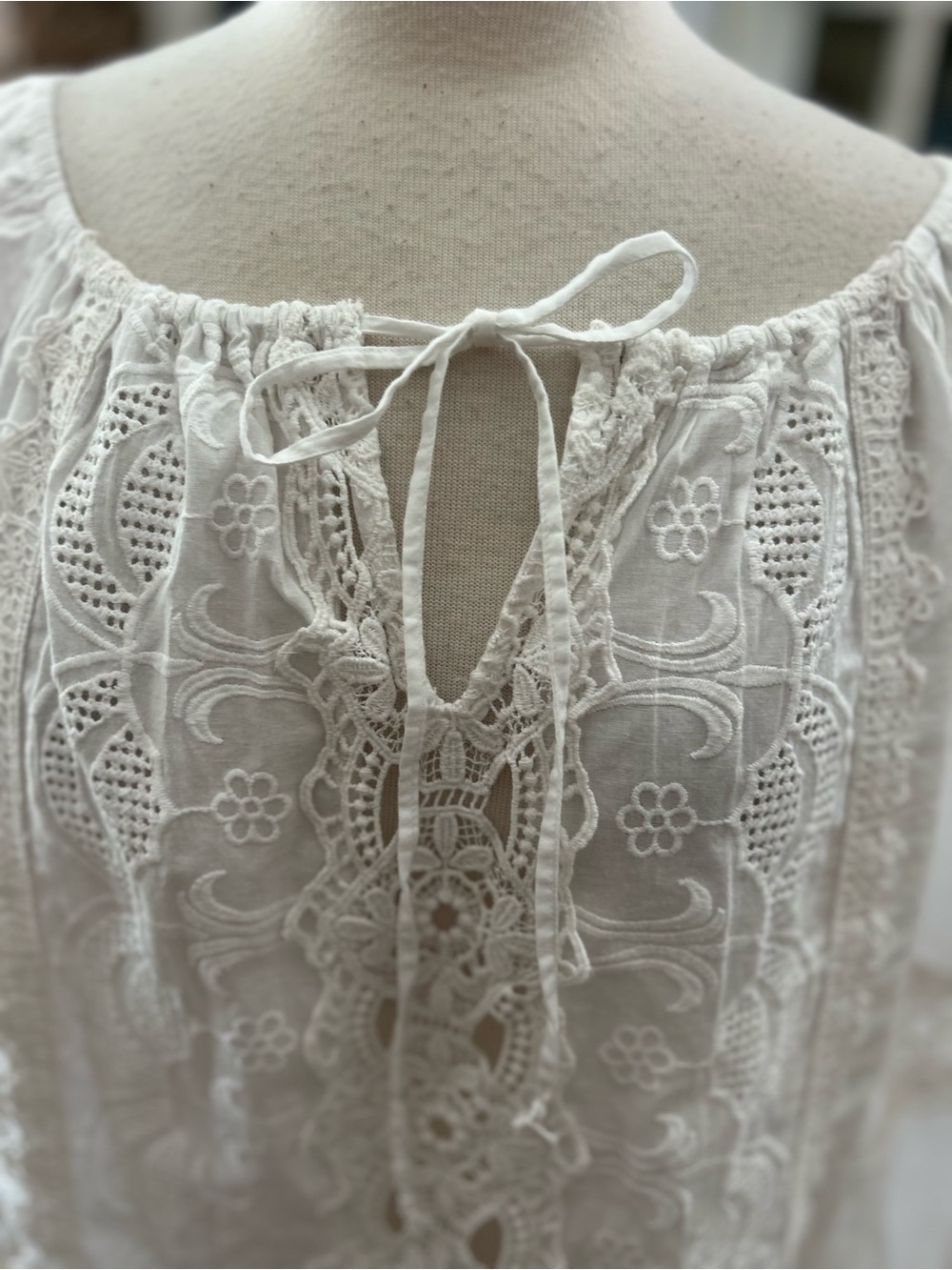 Jennifer & Grace White Lace Peasant Blouse with Tie Neck - Picture 4 of 11
